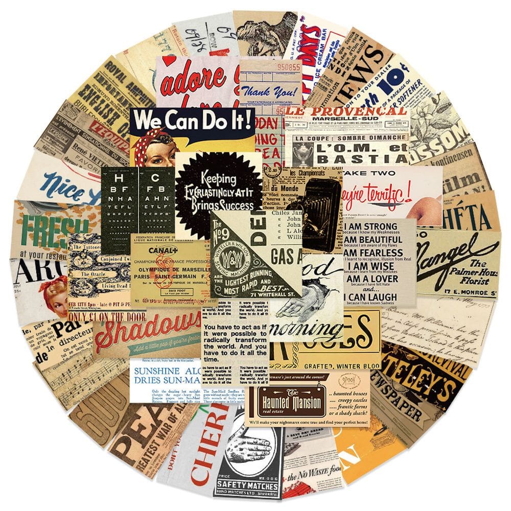 Pacote de adesivos: 58 peças de slogans ingleses, anime retrô, 4-8 cm