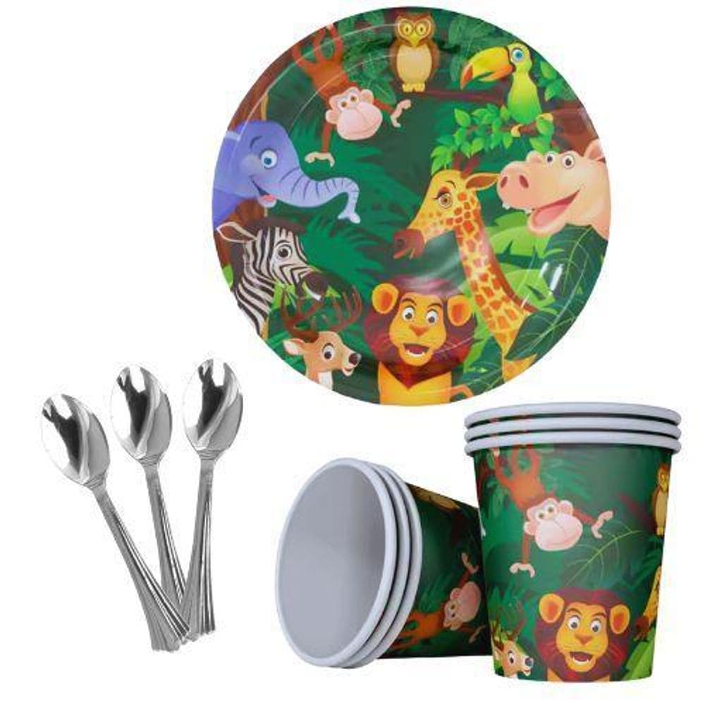 Kit 10 Convidados Pratos Copos Papel Colher 14Cm Safari