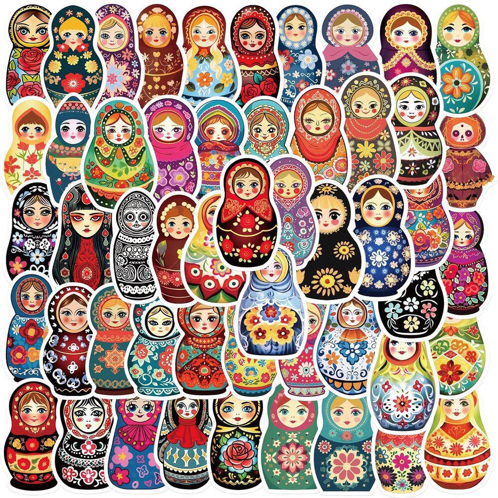 Adesivos Russians Nestings Dolls, vinil impermeável, 52 unidades