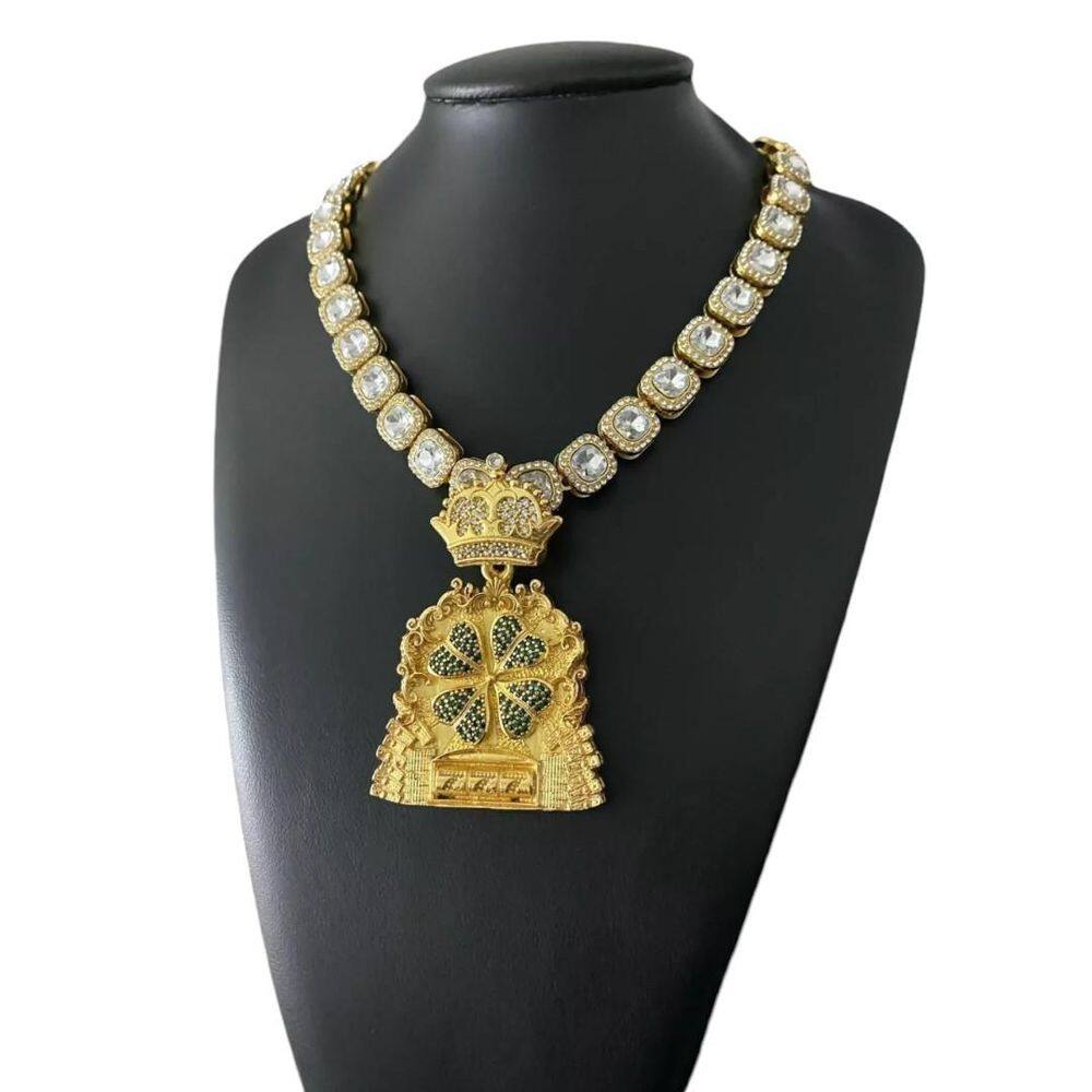 Cordão Cravejado 12Mm + Pingente Trevo - Banhado Ouro 18K