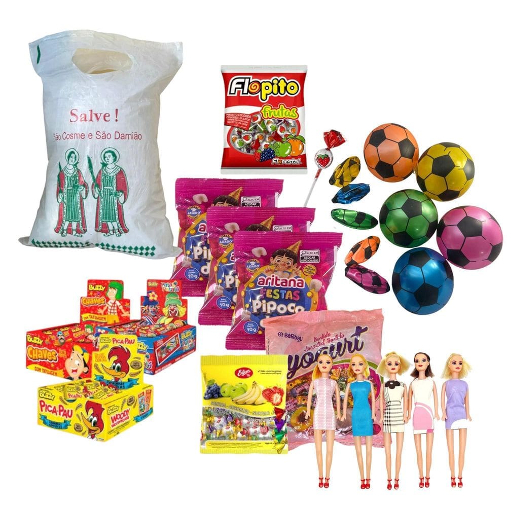 Kit Premium Cosme E Damião Doces + Brinquedos 50 Pessoas