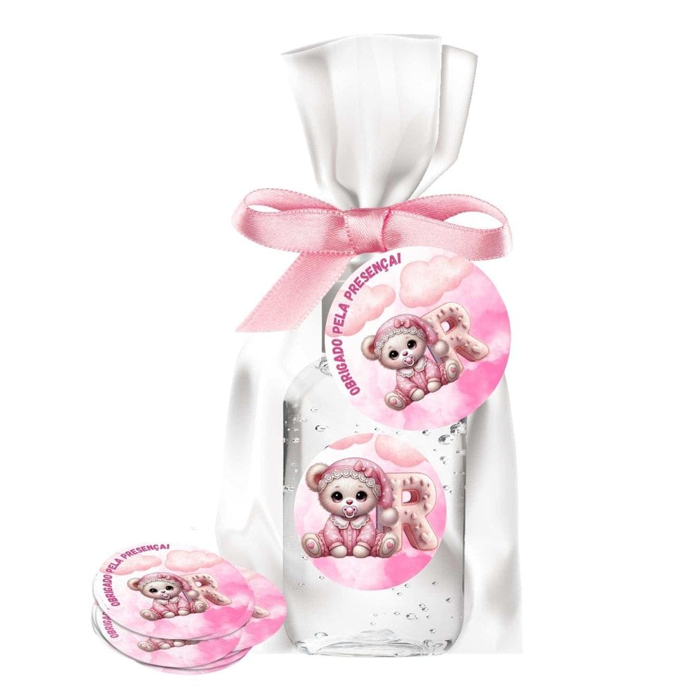 Kit 25 Lembrancinhas Alcool Gel Ursinha Rosa Letra R