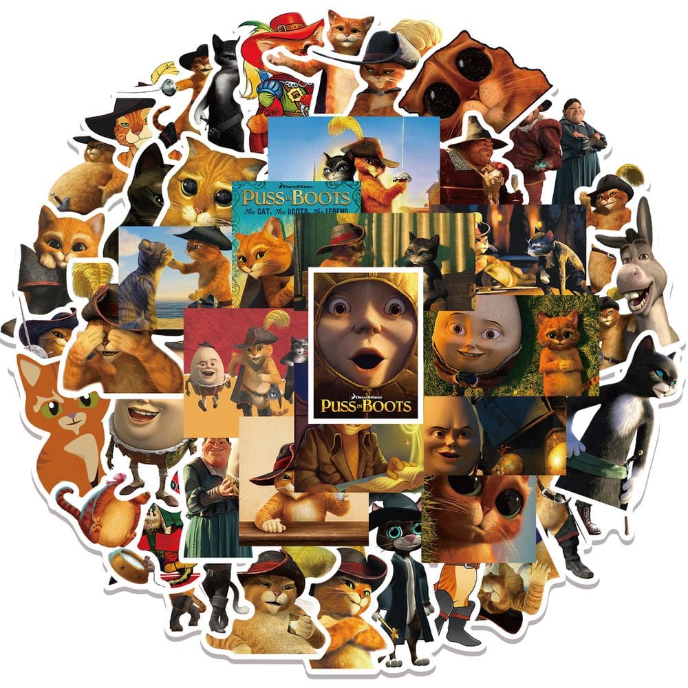 Adesivos Puss in Boots em vinil impermeável 52 unidades para laptop