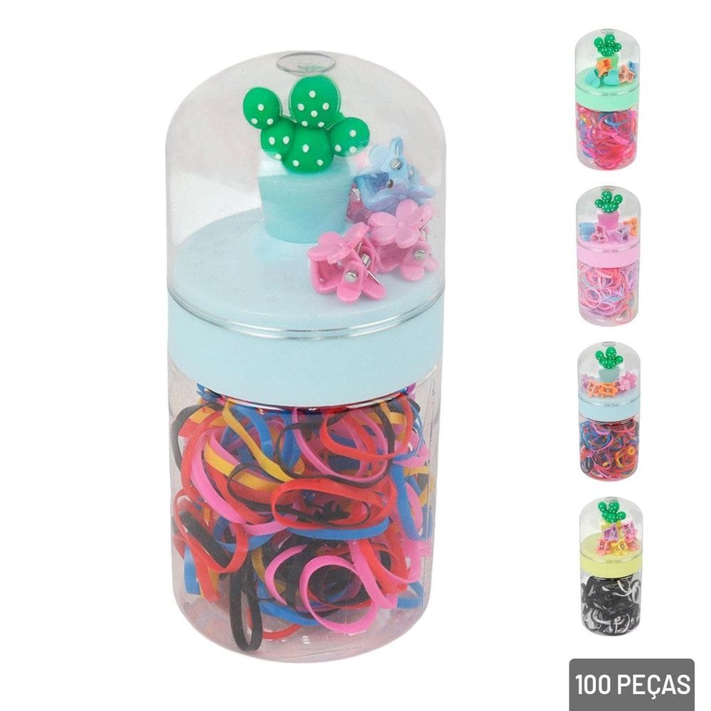 Elástico de Cabelo 100 Peças Silicone e Presilhas - Tudo em Caixa
