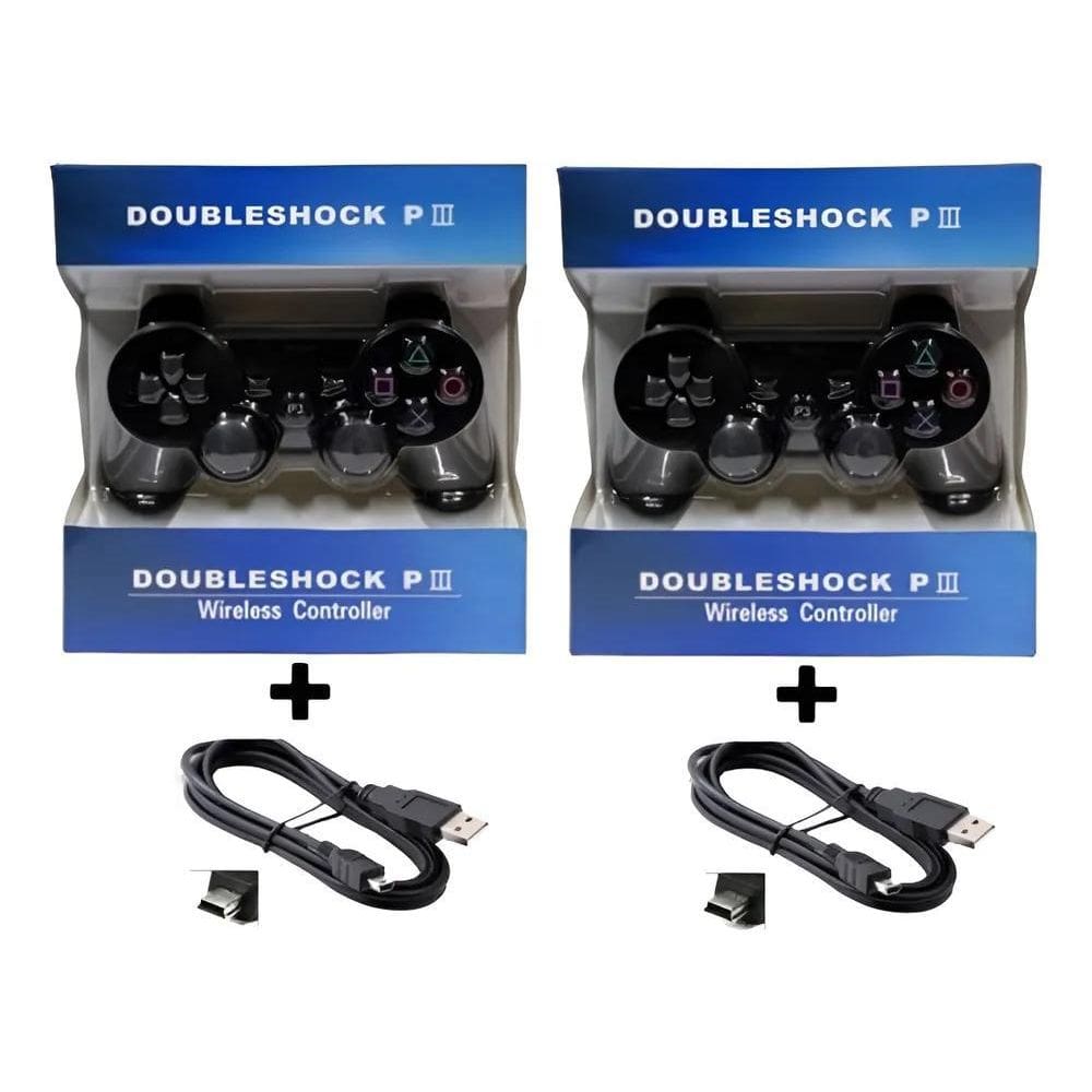 2X Kit 2 Controle Joystick Sem Fio Para Ps3 + Cabo Carregado