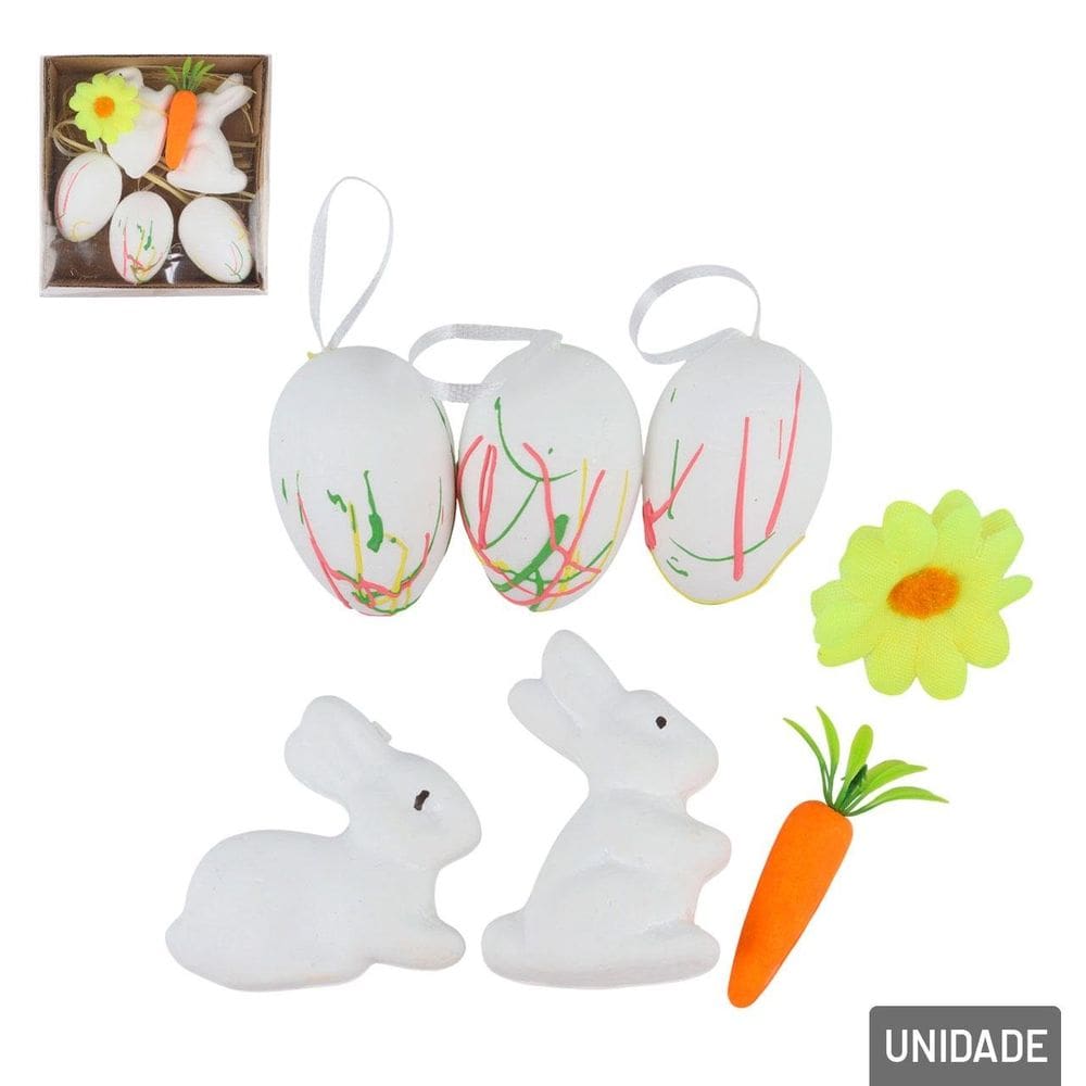 Enfeite de Páscoa Coelhos e Ovos 5 Peças Branco - Tudo em Caixa