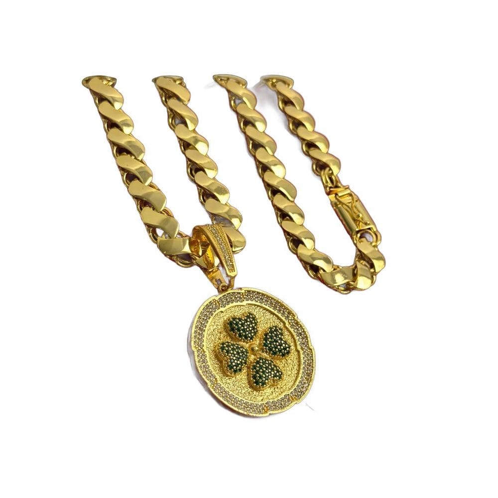 Cordão Friso S 13Mm + Pingente Trevo 4 - Banhado A Ouro 18K