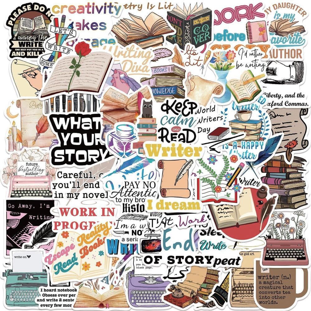 Adesivos para escrever, escritores, leituras, vinil impermeável, 50 unidades