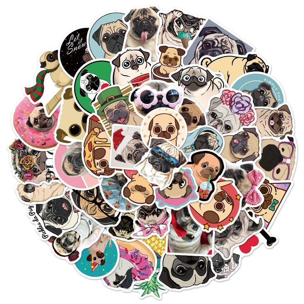 Adesivos Pugs Puppys Dog, vinil impermeável, anime, 50 unidades