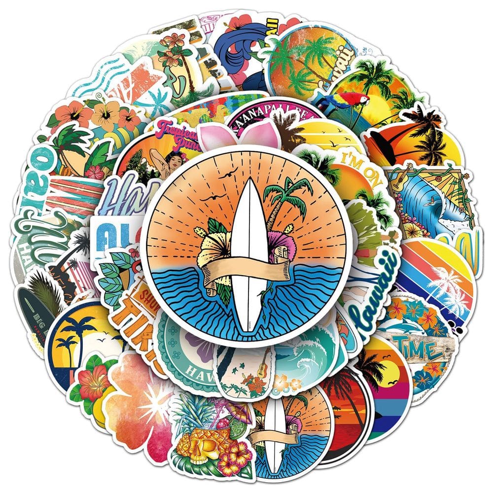 Adesivos havaianos, praias, cenários, vinil impermeável, 50 unidades