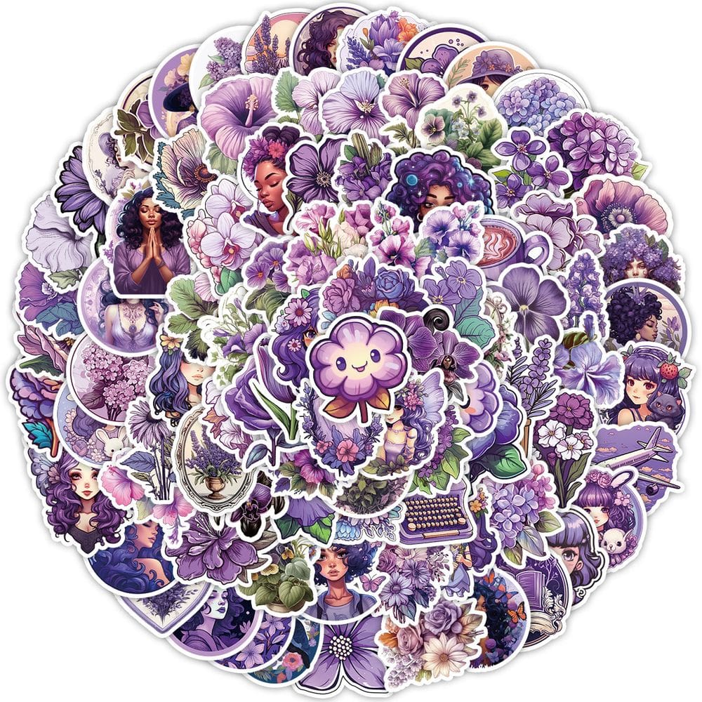 Adesivos: violetas, flores, plantas, vinil impermeável, 100 unidades