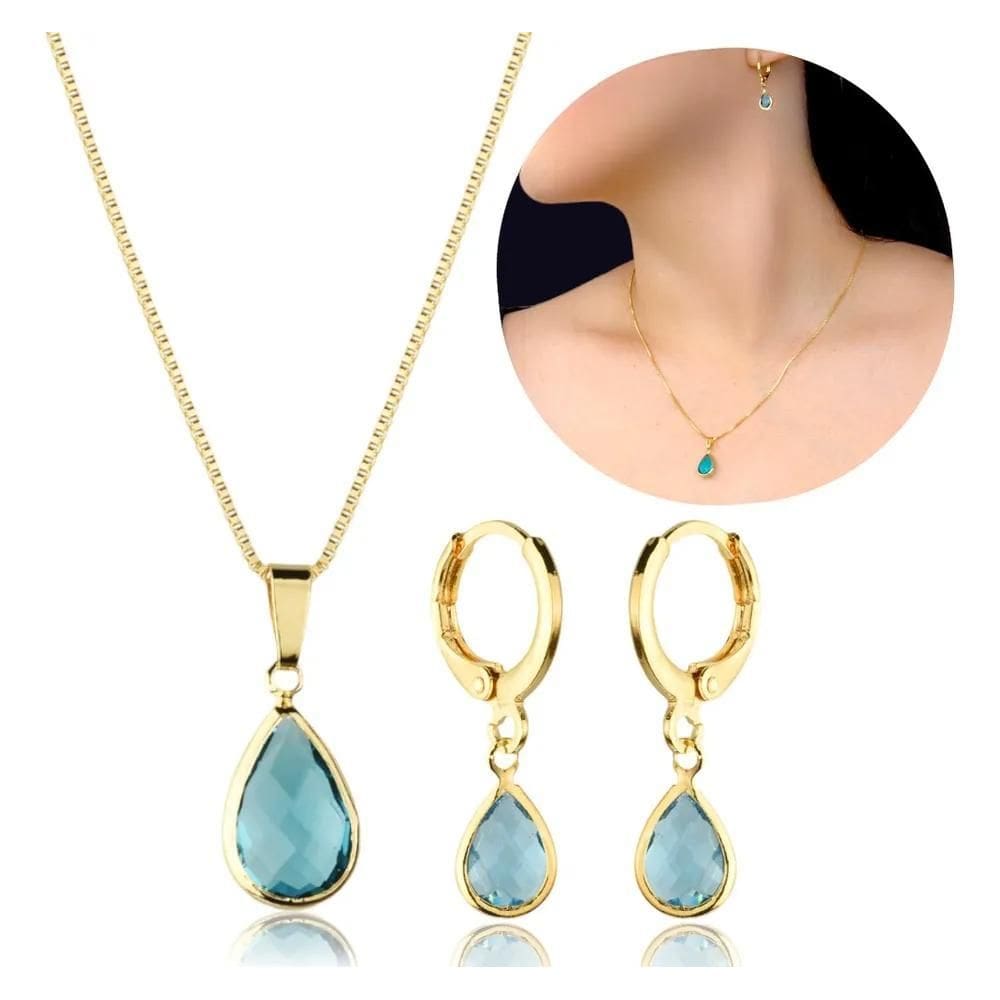 2X Conjunto Brinco Argola Cordão Gota Semijoia Antialérgico