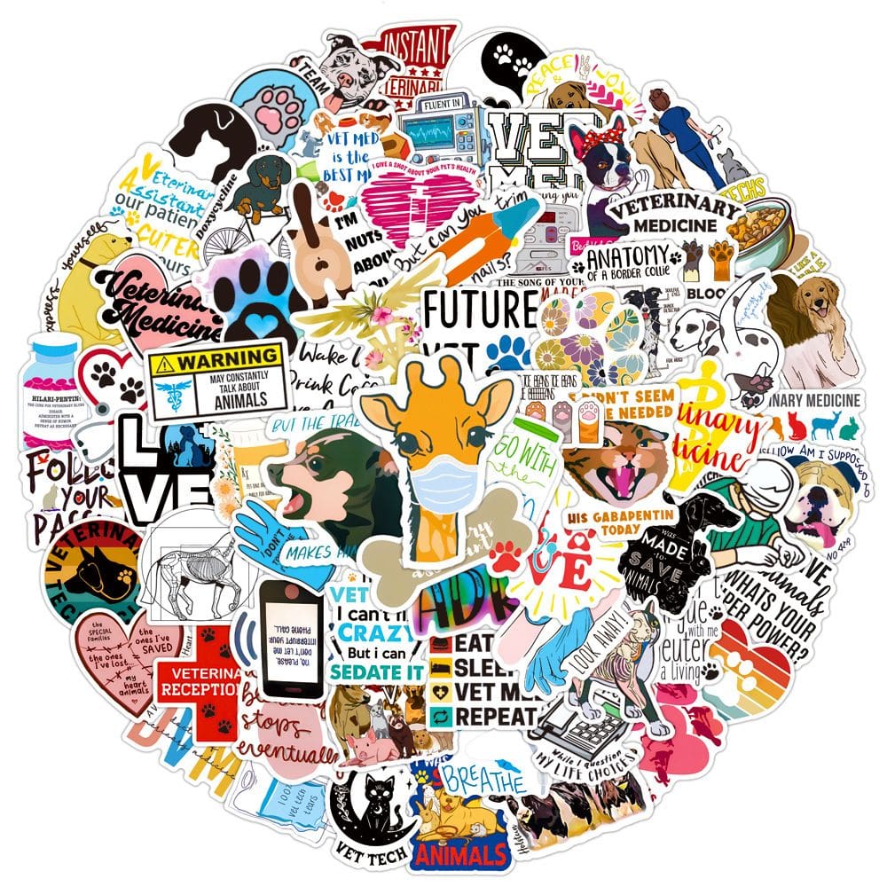 Pacote de adesivos Veterinary Animal Anime Waterproof Vinyl x100