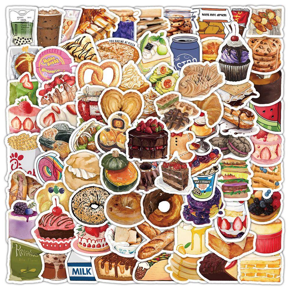 Pacote de adesivos: 100 unidades/lote de lanches, doces, bebidas, pães e água
