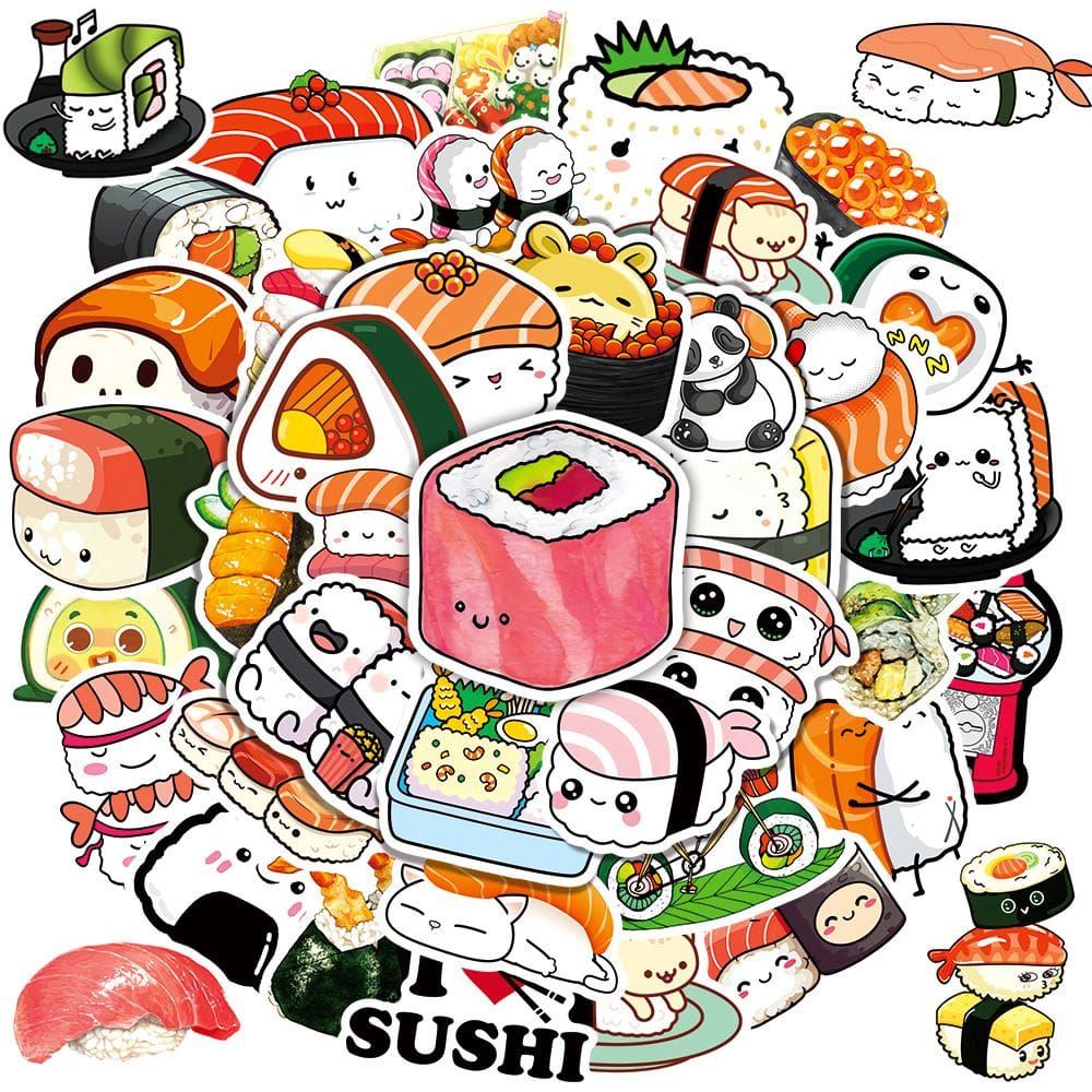 Adesivos, 50 unidades/lote, desenhos animados, sushis, vinil impermeável