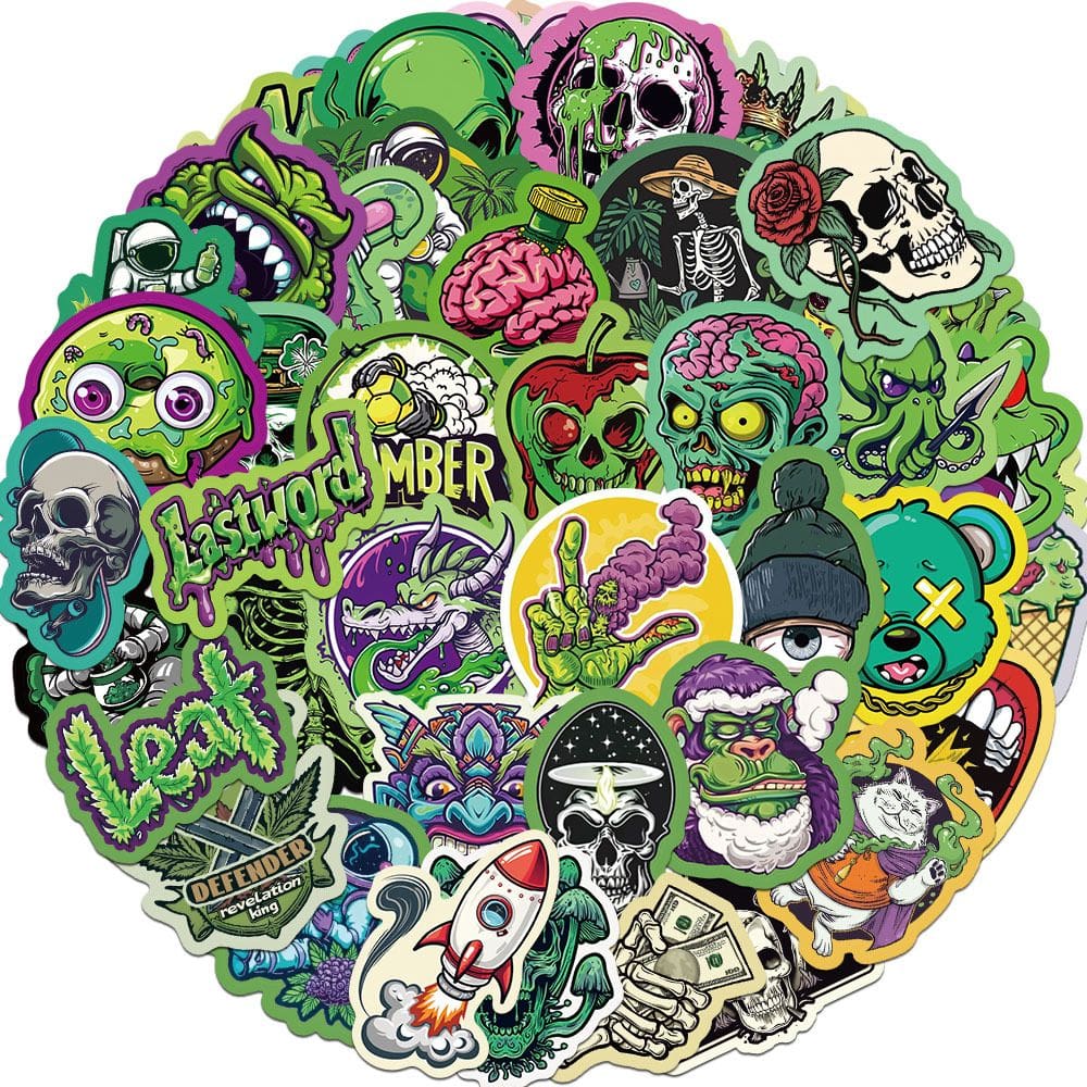 Adesivos verdes, Halloween, horrores, crânios, impermeáveis, 50 unidades