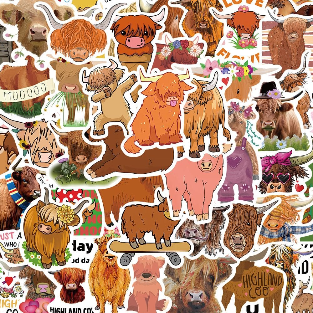 Adesivos Highlands Cows, vinil impermeável, anime, 50 unidades