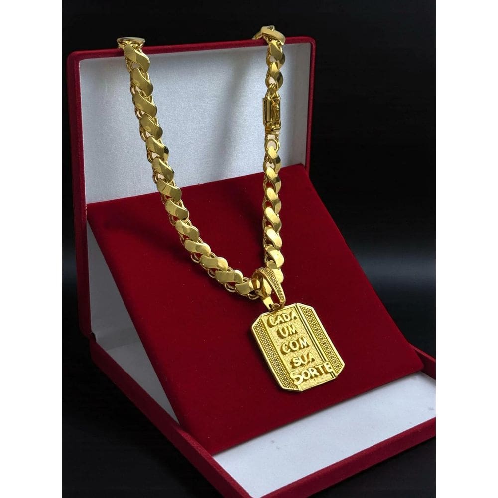 Cordão Friso S 13Mm + Pingente Sorte - Banhado A Ouro