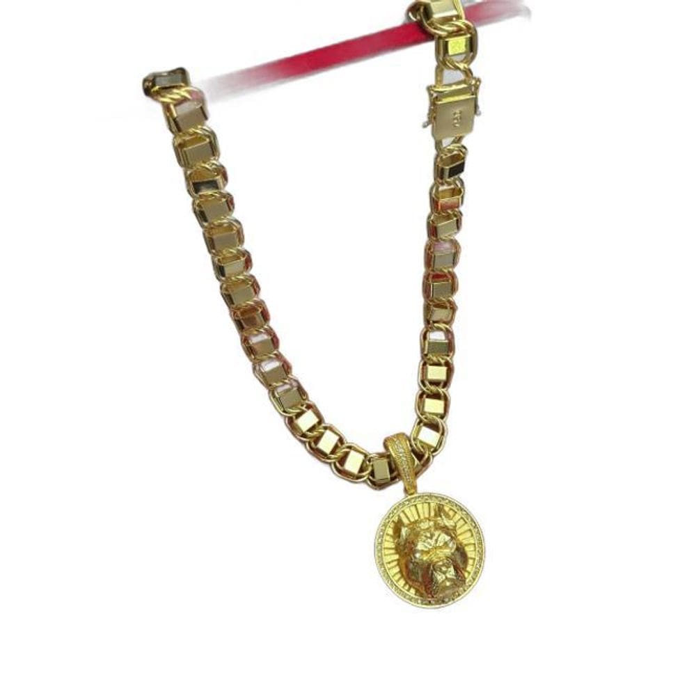 Cordão Dubai 15Mm + Pingente Pitbull Redondo Banhado A Ouro