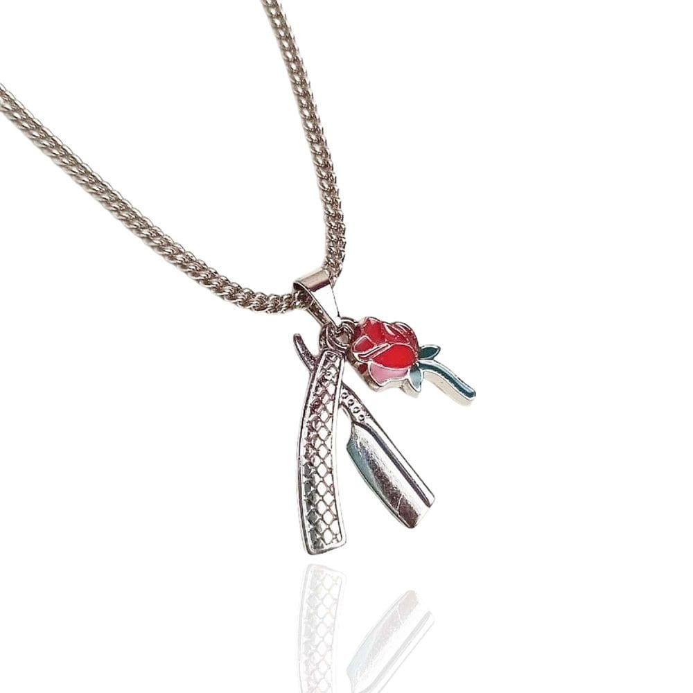 Colar Laroiê Maria Navalha Prateado-Navalha E Botão De Rosa