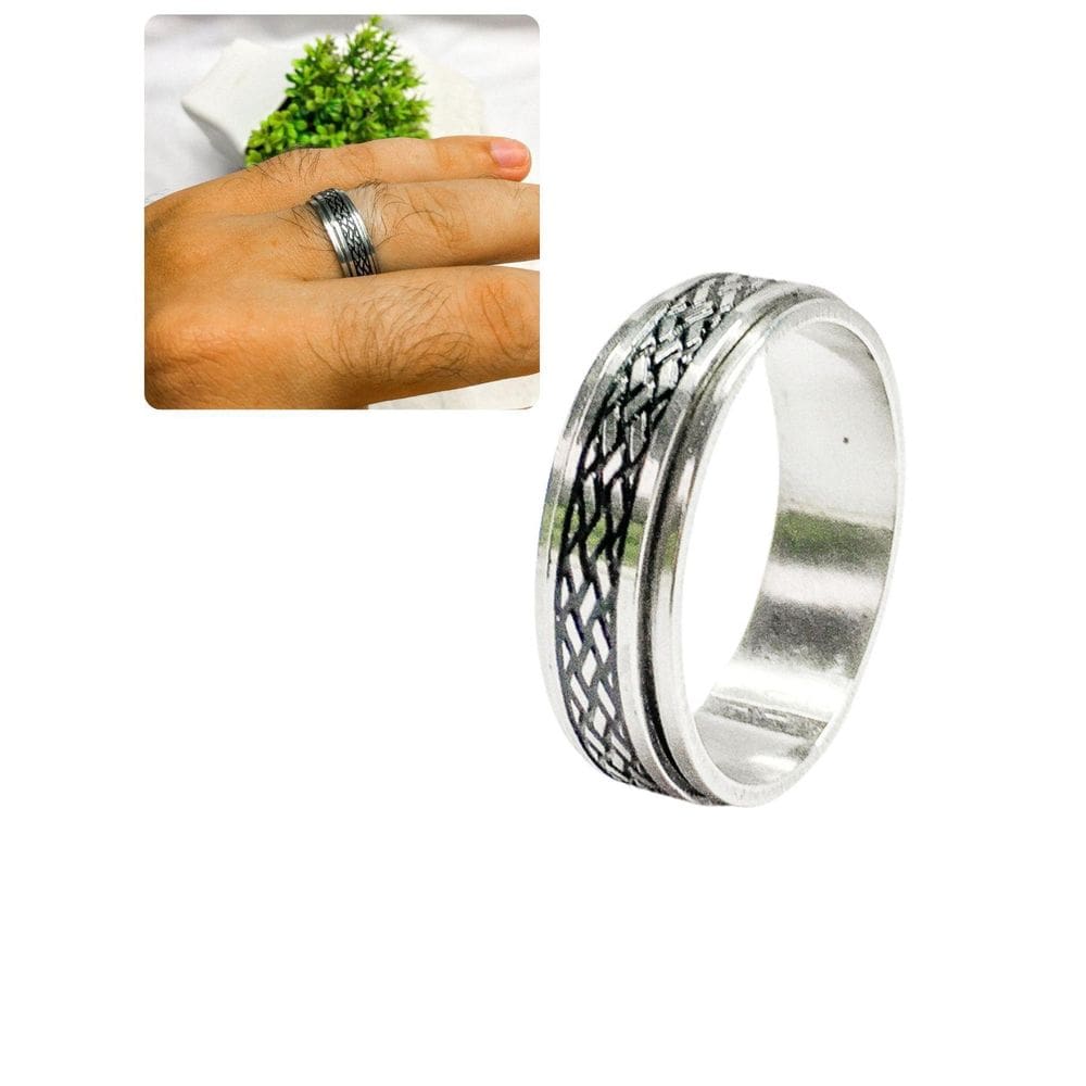 Anel Dedeira 7Mm Masculino Prateado Preto Detalhado