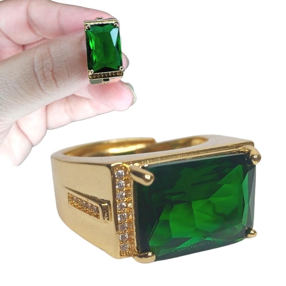 Anel Pedra Esmeralda Fusion Zircônia Banhado A Ouro