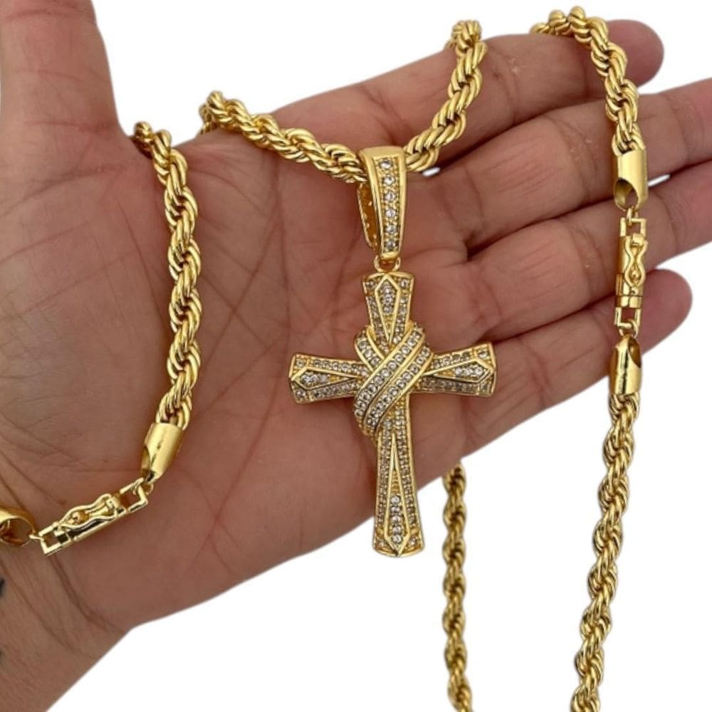 Kit Baiano 8Mm + Cruz Cravejada Banhado A Ouro 18K Luxo