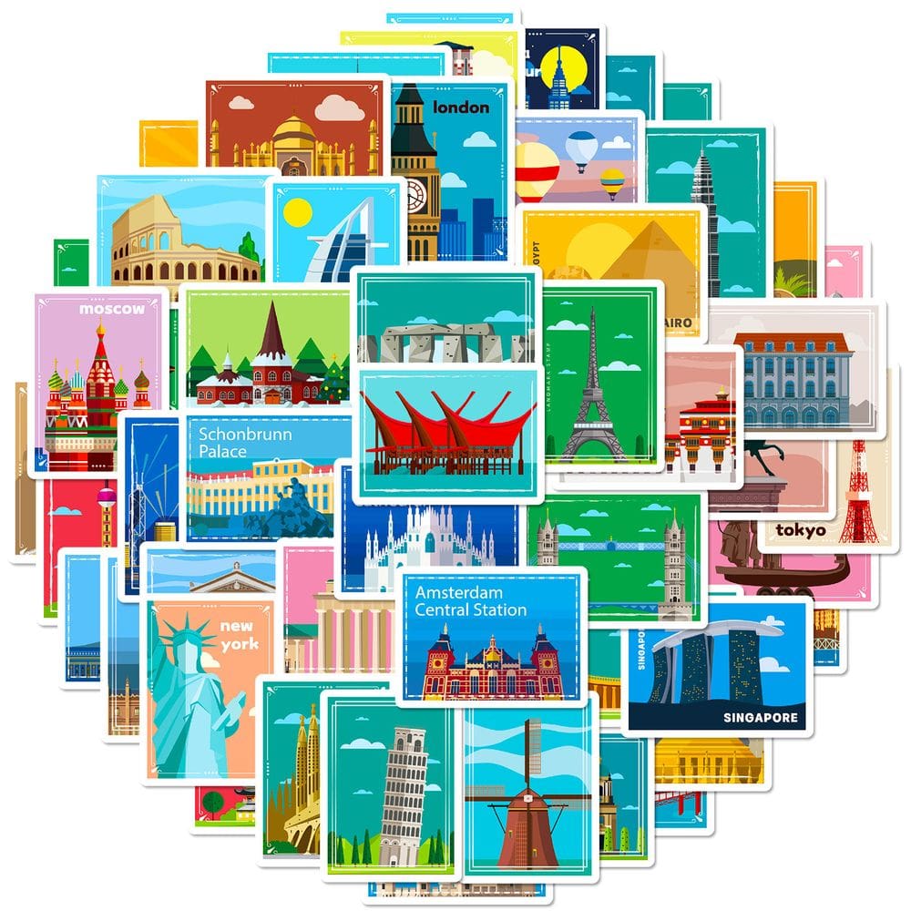 Pacote de adesivos Landmark Travel Diary, pintura a óleo, 50 unidades