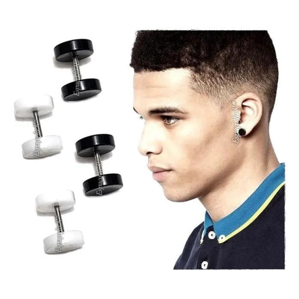 2X Brinco Masculino Alargador 4 Par Preto Branco 8 Mm