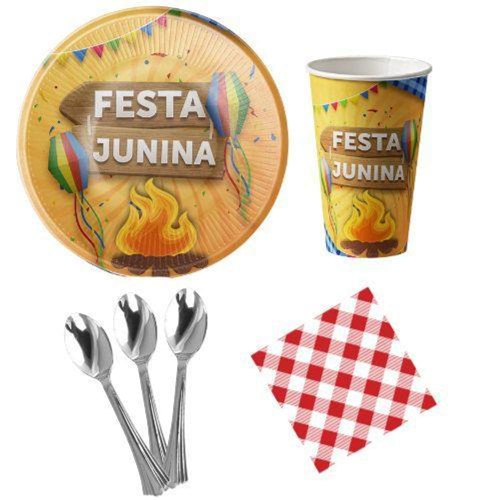 Kit 20 Pratos Copos Guardanapos Colher 14Cm Festa Junina