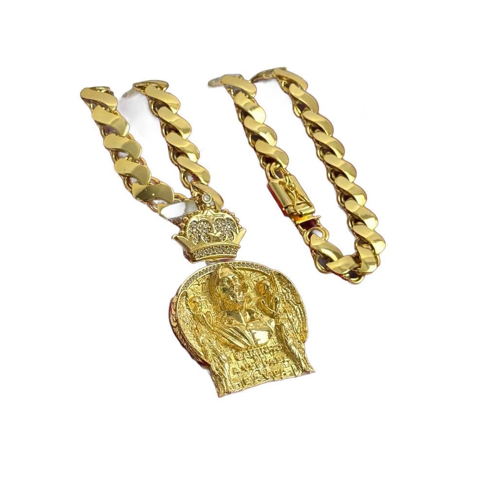 Cordão Friso S 13Mm + Pingente Arcanjo - Banhado A Ouro 18K