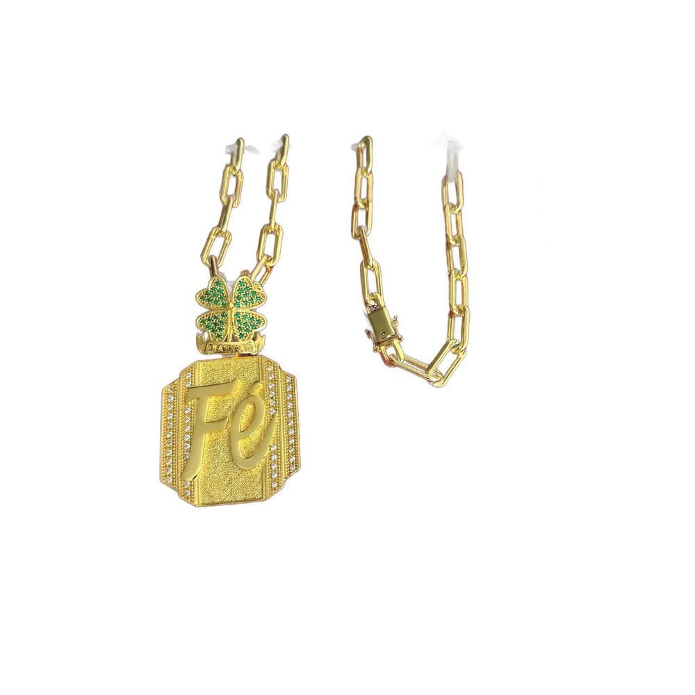 Cordão Cadeado Alongado 12Mm + Pingente Fé Banhado A Ouro