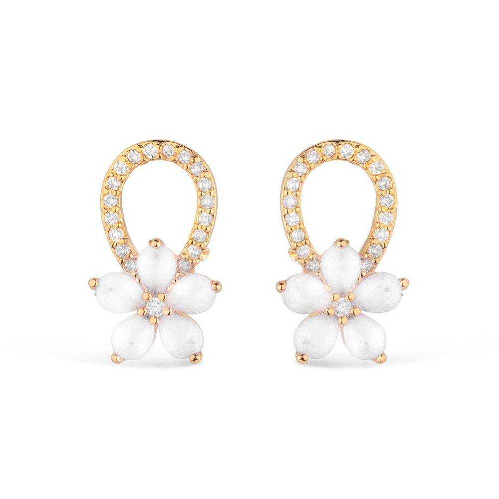 Brinco Dourado De Flor Com Zirconia E Cristal