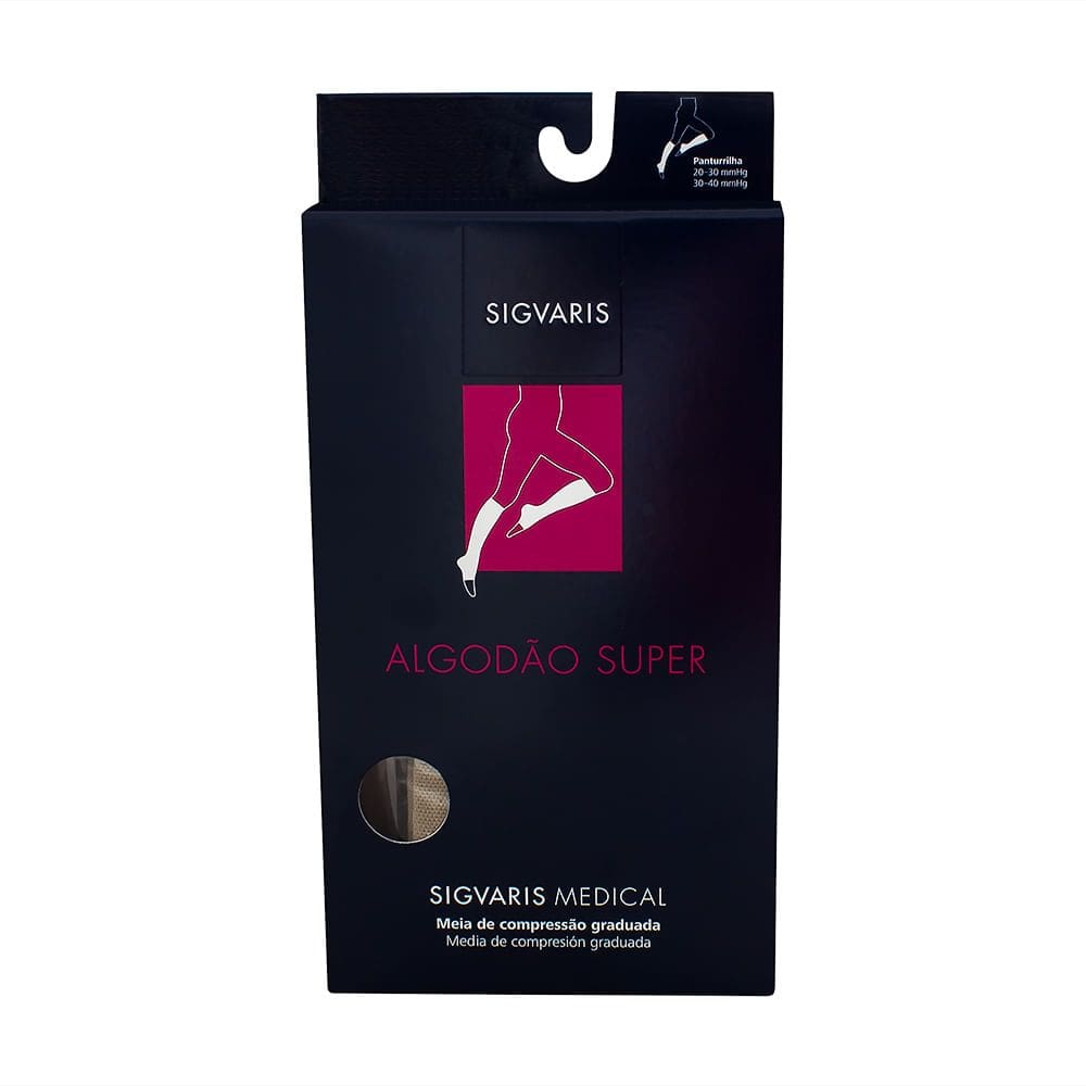 Meia Panturrilha (3/4) Sigvaris Algodão Super 20-30mmHg P (Tamanho Pequeno) Longo Ponteira Aberta Cor Bege
