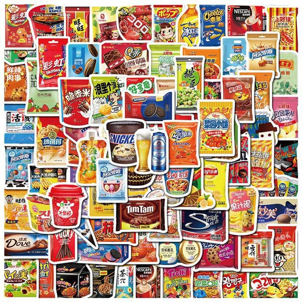 Adesivos, lanches e bebidas, vinil impermeável, anime, 90 unidades