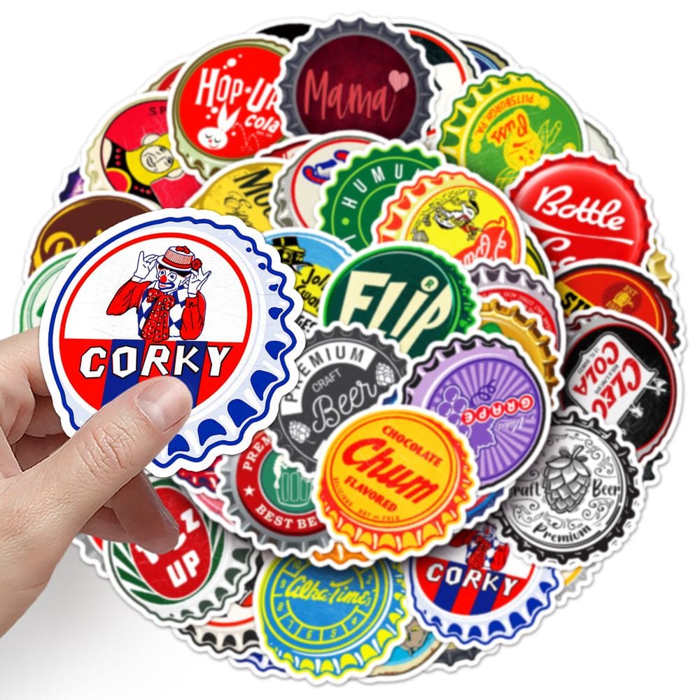 Adesivos, garrafas retros, tampas, vinil impermeável, 50 unidades/lote