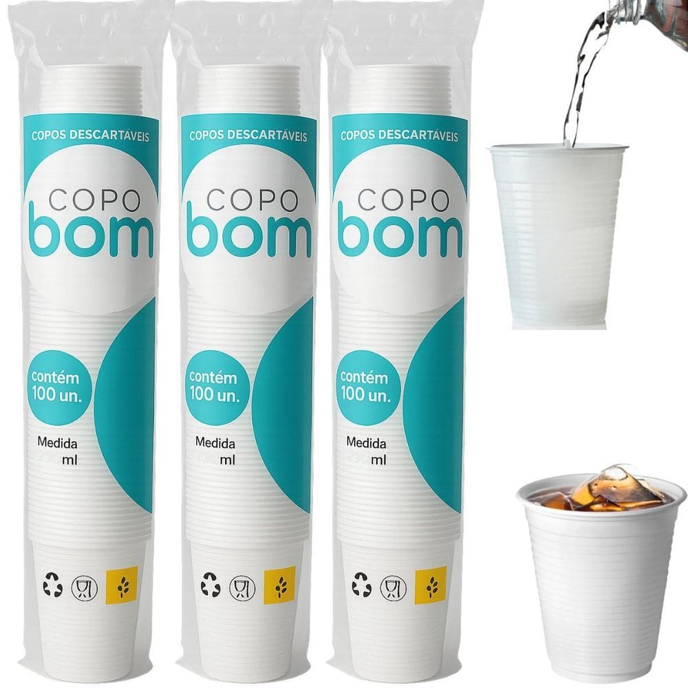 Kit 3 Copo Desc. Resistente 180Ml Branco Água Copobom 300 Un