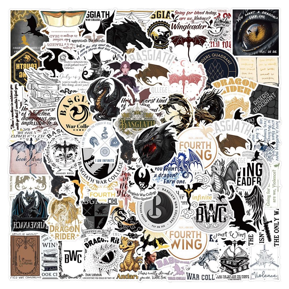Adesivos Fourths Wings Dragons em vinil impermeável 100 unidades