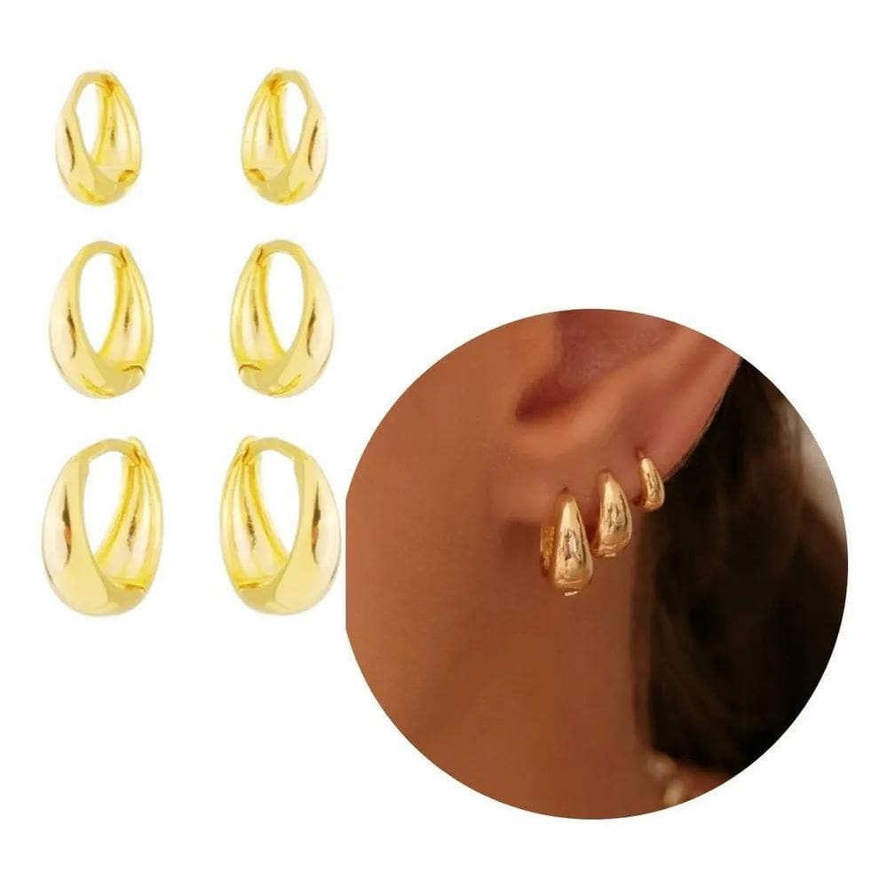 2X 3 Pares Brinco Trio De Argola Gota Clicker Ouro 18K Banha