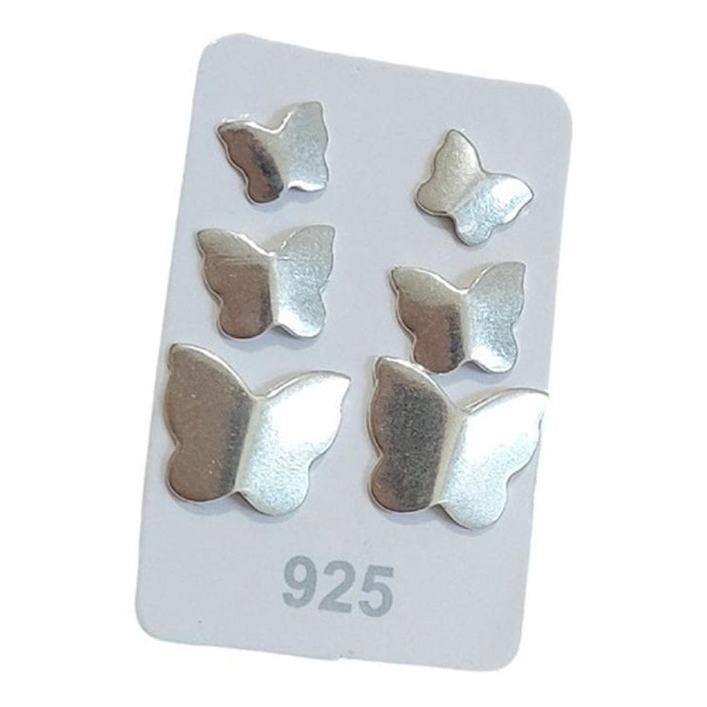 Trio Brinco Borboleta 2 3 Furo 4 7 9 Mm Prata 925 - Prateado