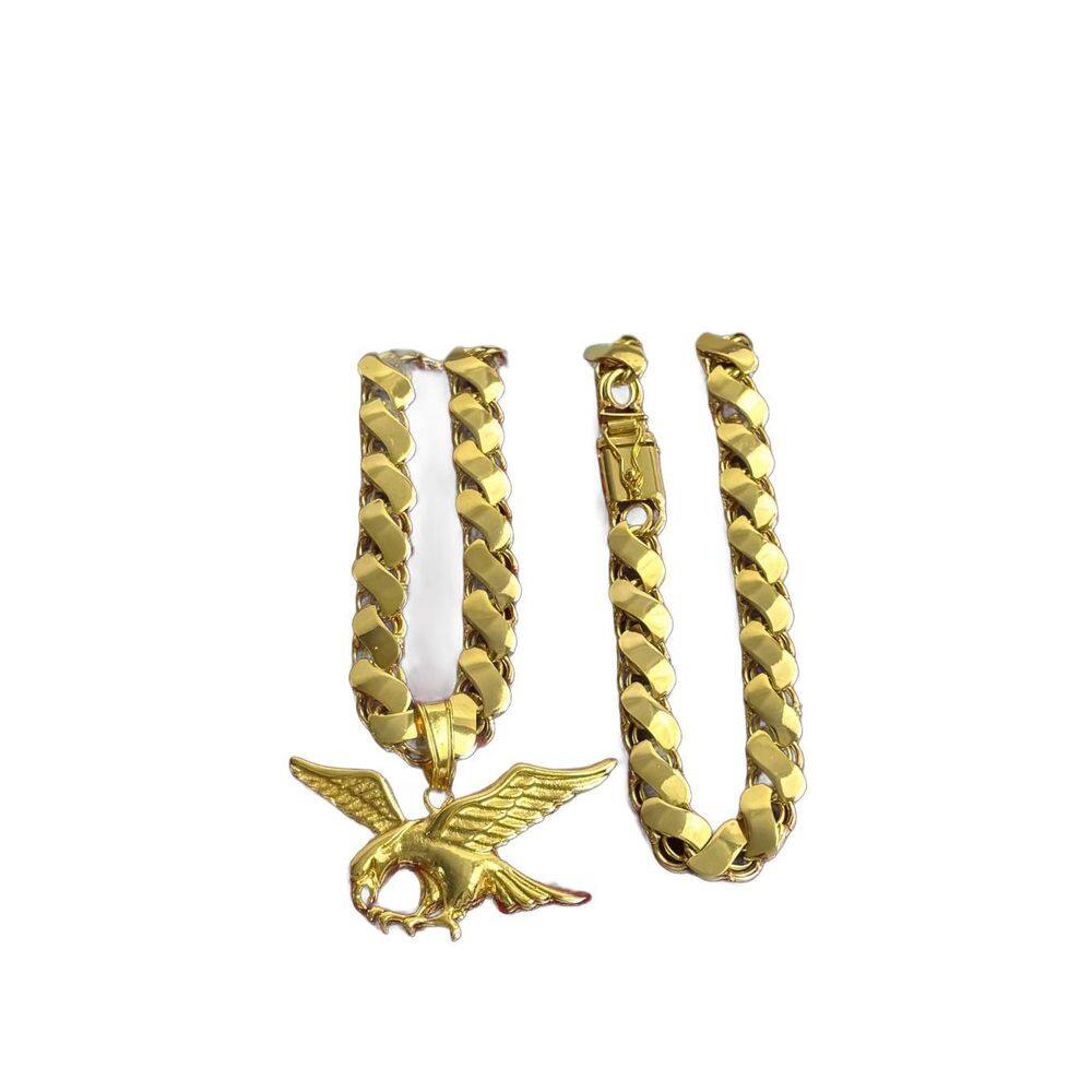 Cordão Friso S 13Mm + Pingente Águia - Banhado A Ouro 18K