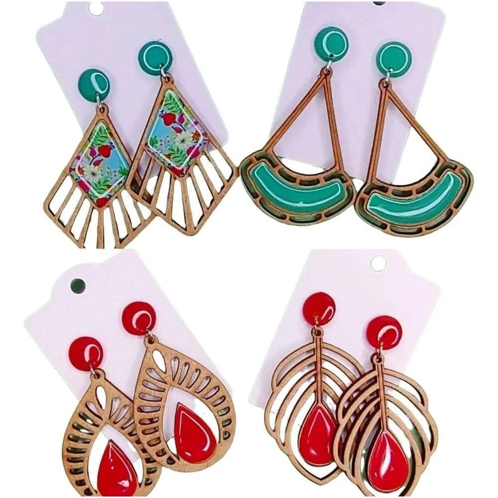 2X 10 Brincos Colorido Grandes  Madeira Resina V.Core
