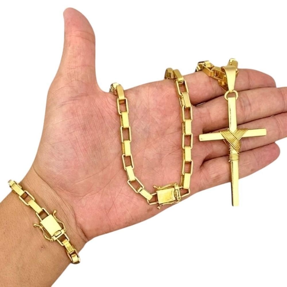 Kit Tijolinho 10Mm + Cruz Amarrada Banhado A Ouro 18K