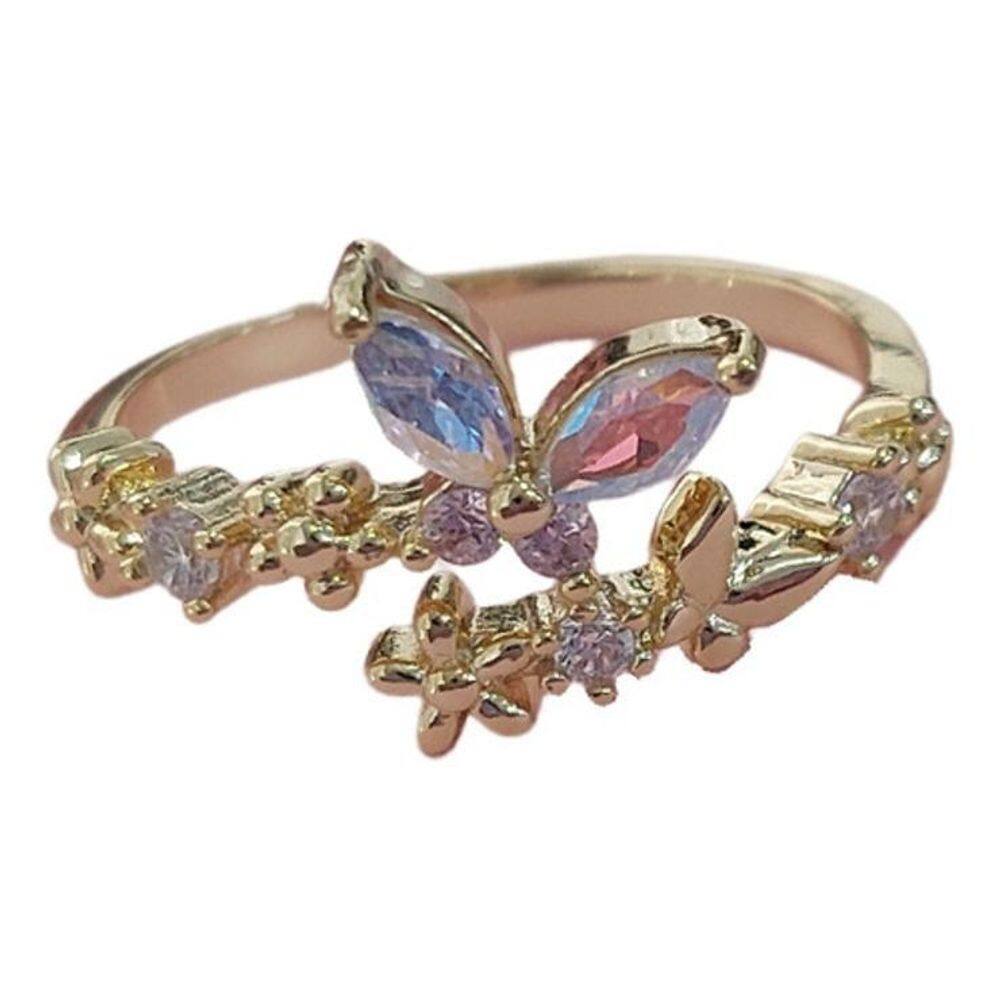 Anel Pedra Zirconia Festa Dourado Borboleta Furtacor Ajustav