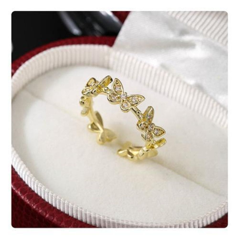 Anel Pedra Zirconia Festa Dourado Borboleta Ajustavel