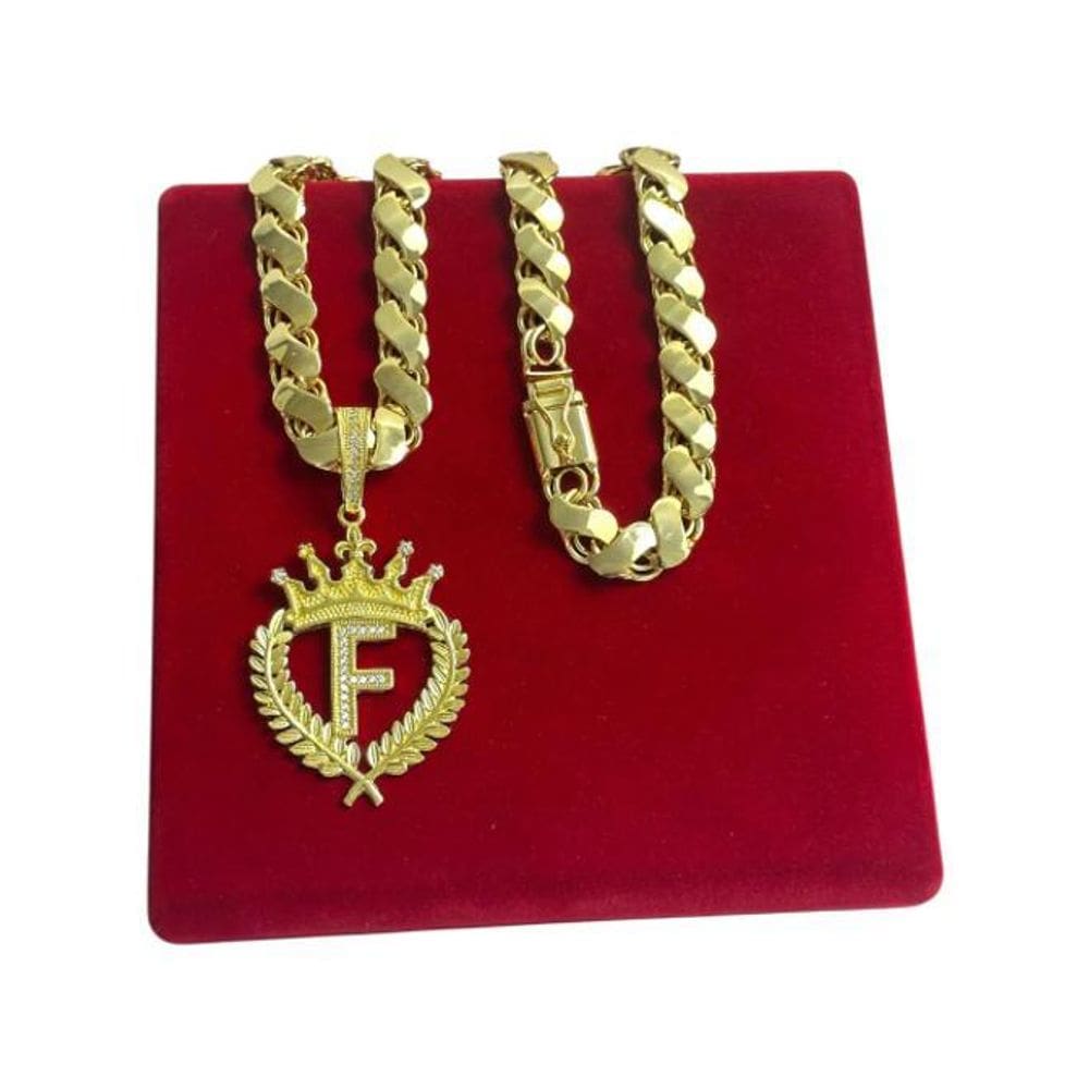 Cordão Friso S 13Mm + Pingente Letra Coroa - Banhado A Ouro