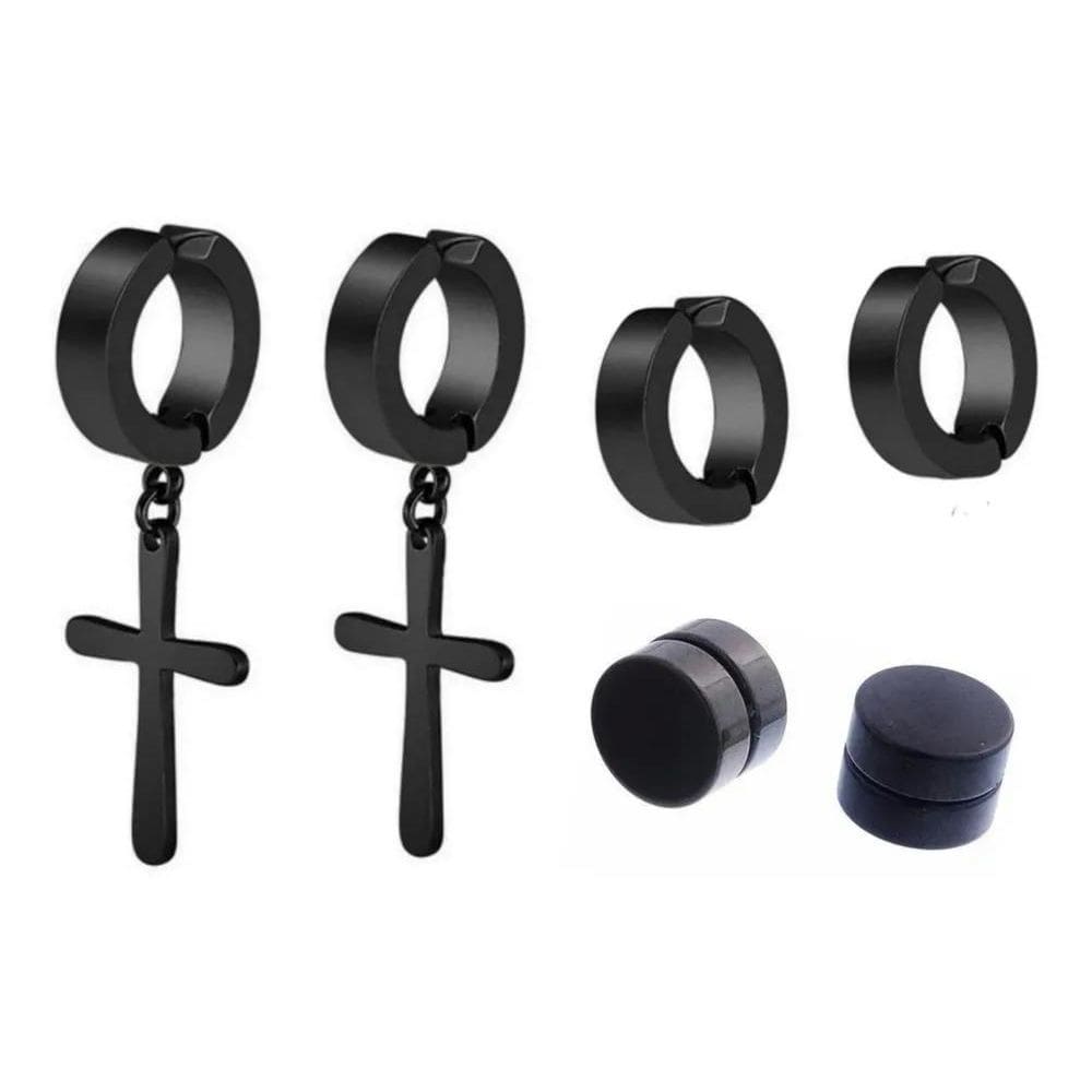 Brinco Masculino Argola Cruz Pressão Kit 3 Pares Bts Cor