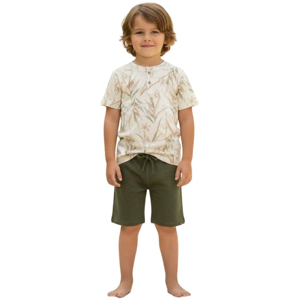 Conjunto Infantil Menino Camiseta Folhagem + Bermuda Festa