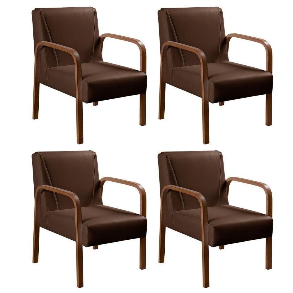 Kit 4 Poltronas Anita Moderna Decorativa Braço Madeira Corino Marrom 360
