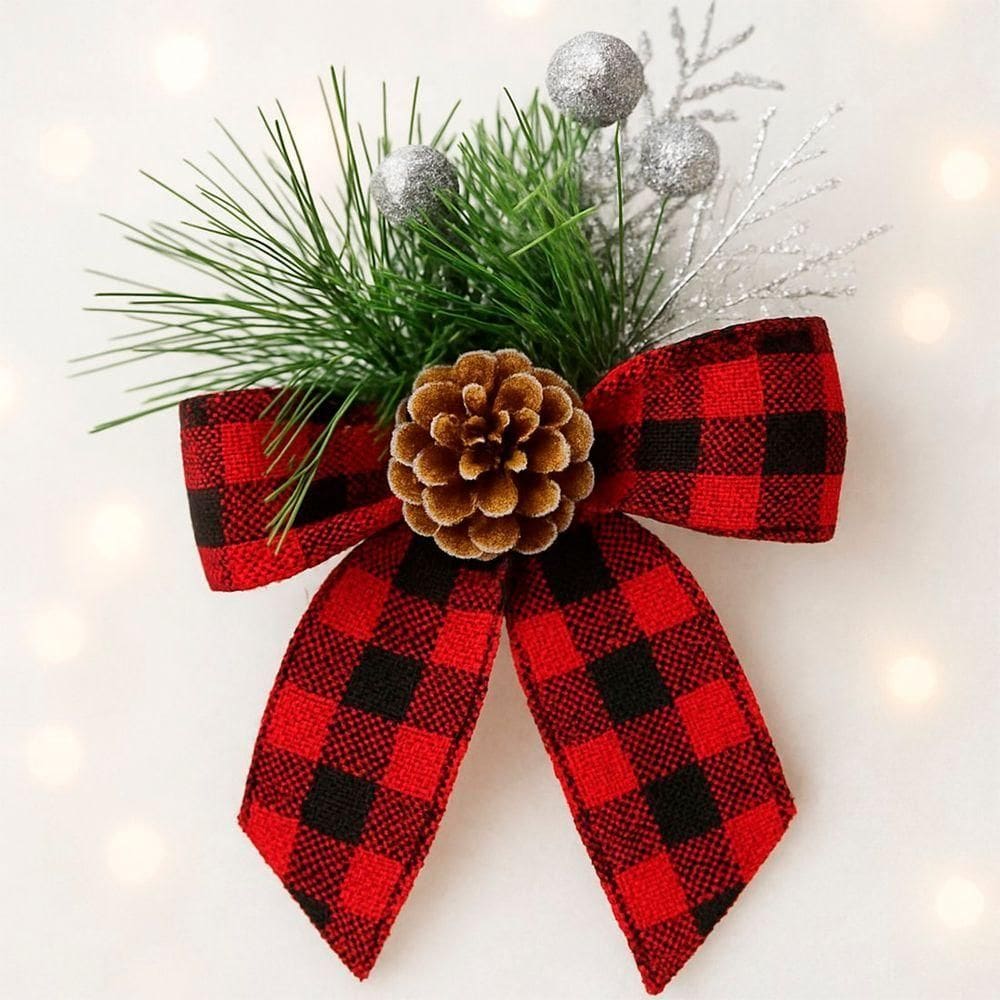 Arranjo Laço Pinheiro Enfeite Natalino Xadrez 15cm Kit 12pçs